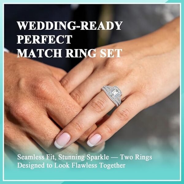 719Al1UunuL._AC_SY675_ Moissanite Wedding Sets for Women, Perfect Matching Emerald Cut Engagement Ring Wedding Band Bridal Set, Sterling Silver, D Color VVS1, Ring Box Included,