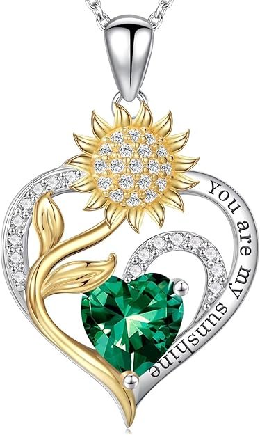 Valentines Day Gifts for Her - Sunflower Heart Birthstone Necklace Gifts for Women, Anniversary Birthday Gifts for Her 925 Sterling Silver Necklace You Are My Sunshine Jewelry for Wife Mom