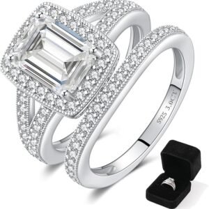 Moissanite Wedding Sets for Women, Perfect Matching Emerald Cut Engagement Ring Wedding Band Bridal Set, Sterling Silver, D Color VVS1, Ring Box Included,