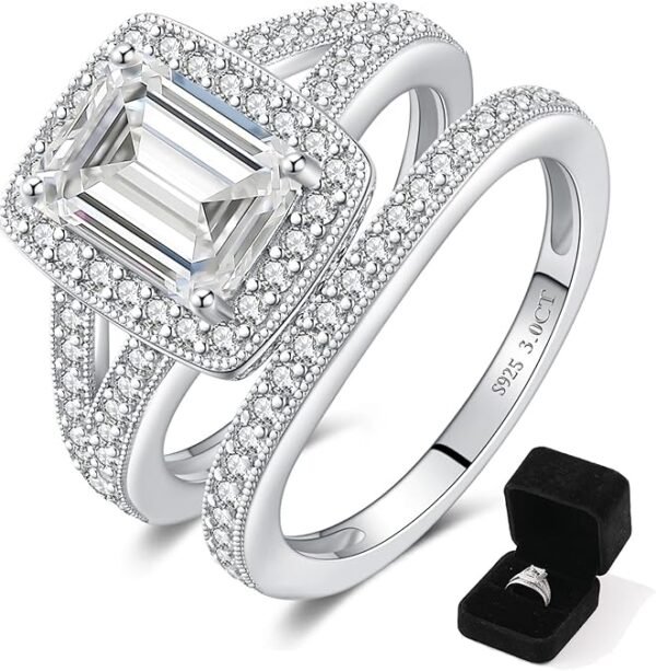 71AbvrJzWcL._AC_SY675_ Moissanite Wedding Sets for Women, Perfect Matching Emerald Cut Engagement Ring Wedding Band Bridal Set, Sterling Silver, D Color VVS1, Ring Box Included,
