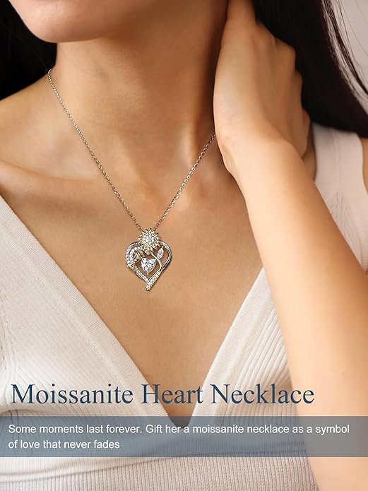 71B8gOE17+L._AC_SY695_ Silver Moissanite Necklaces for Women, Anniversary Birthday Gifts for Wife Mom Her, Christmas Jewelry Gifts for Her, Moissanite Heart Pendant, Sunflower Heart Necklace