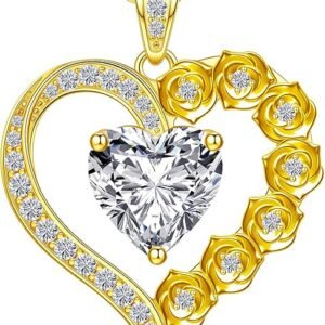 2-3 Carat Moissanite Rose Flower Heart Necklace for Her, Sterling Silver Plated with 18K Gold, Birthday, Wedding, Anniversary Pendant Jewelry for Girlfriend, Wife, Bride, Soulmate