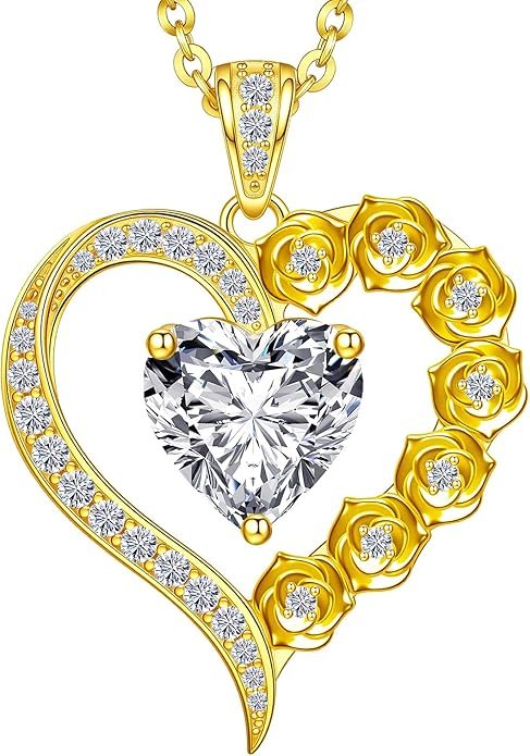 2-3 Carat Moissanite Rose Flower Heart Necklace for Her, Sterling Silver Plated with 18K Gold, Birthday, Wedding, Anniversary Pendant Jewelry for Girlfriend, Wife, Bride, Soulmate
