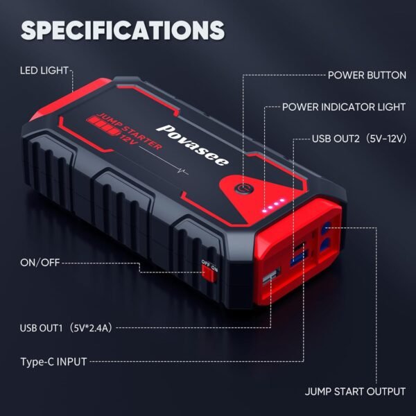 Car Battery Jump Starter 5000A Jump Box (All Gas/10L Diesel) Portable Car Jump Starter Battery Pack, 12V Jumper Starter Portable 3" LCD Display/Power Bank/Dual Output/LED Light DC