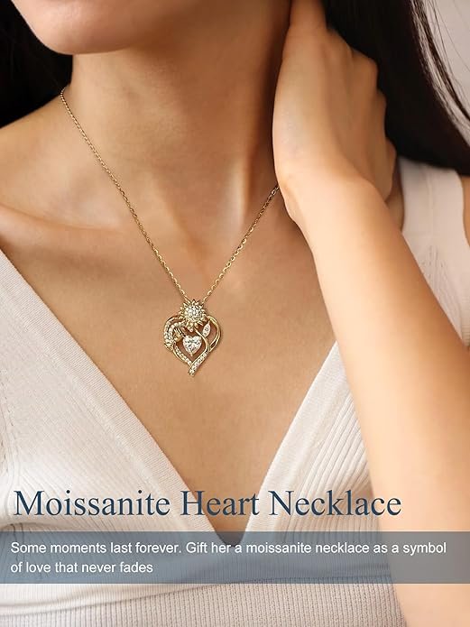 71NRi8rYK1L._AC_SY695_ Silver Moissanite Necklaces for Women, Anniversary Birthday Gifts for Wife Mom Her, Christmas Jewelry Gifts for Her, Moissanite Heart Pendant, Sunflower Heart Necklace