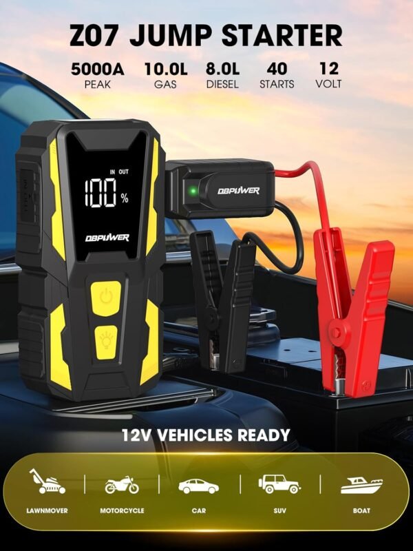 5000A Jump Starter, 74Wh Car Battery Jump Starter for Up to 10.0L Gas and 8.0L Diesel Engine, 12V Portable Jump Box Battery Pack with Display, LED Light, Jumper Cables, and Storage Case