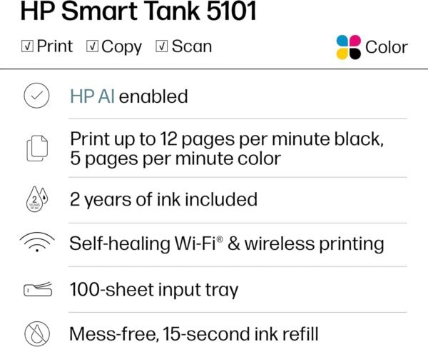 71TtevW+vWL._AC_SL1500_ HP Smart Tank 5101 Wireless All-in-One Refillable Printer, Scanner, Copier with 2 years of Ink included, Wireless printer-for-home use an EcoTank