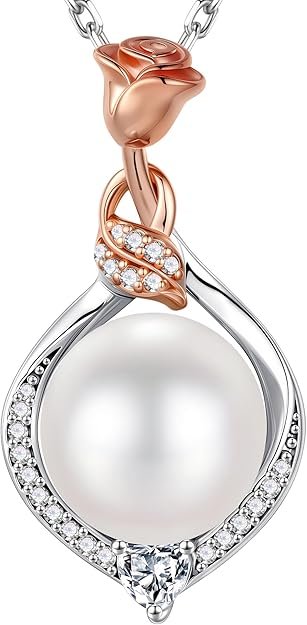 Valentines Gifts for Her Wife - 10-11mm Freshwater Pearl Necklace, Rose Flower Pearl Necklace, Anniversary Jewelry Gifts for Women Wife Mom Girlfriend Her, 925 Sterling Silver