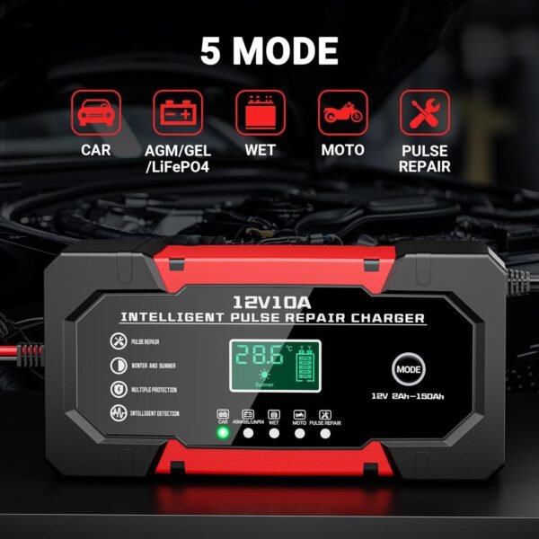 Battery Charger 10A 12V Fully Automatic Smart Car Battery Charger with LCD Display & Temperature Compensation for Car Motorcycle Vans