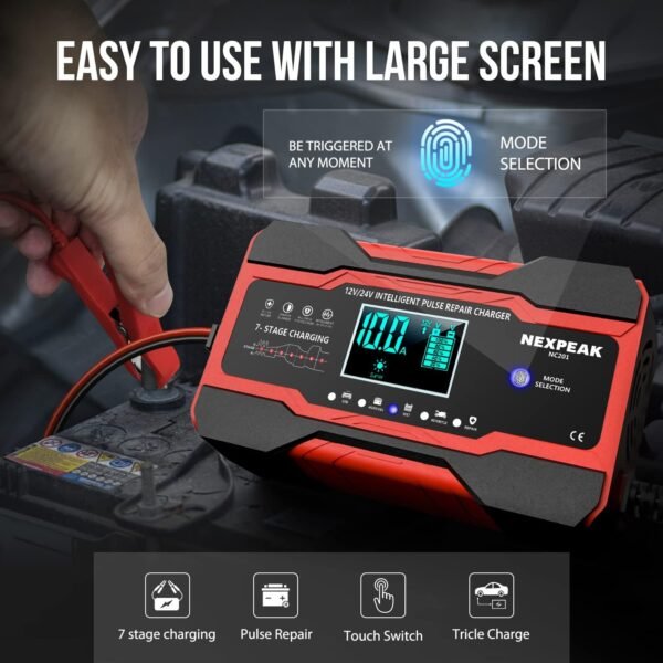 NC201 10-Amp Battery Charger, Smart Trickle Charger 12V 24V Car Battery Charger Fully Automatic Maintainer Desulfator w/Temp Compensation for Car Truck Lawn Mower Boat Marine Batteries