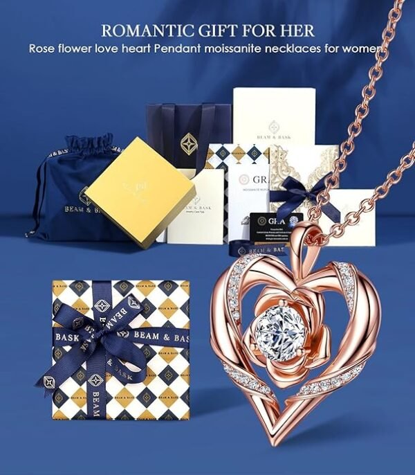 71+uWPc5WzL._AC_SY695_ Rose Flower Heart Moissanite Necklaces for Wife, S925 Silver Pendant for Women, 18K Gold Plated Jewelry for Her Girlfriend Mom for Anniversary Birthday