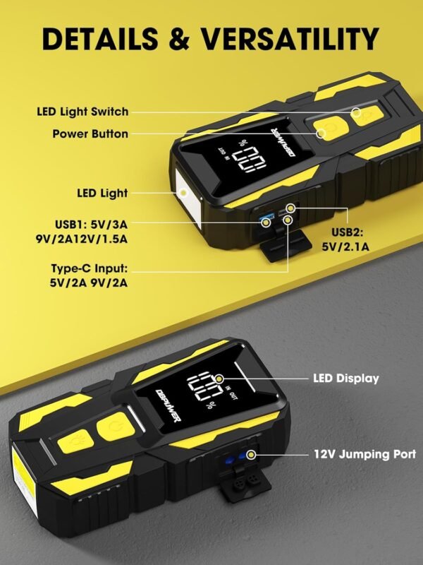 5000A Jump Starter, 74Wh Car Battery Jump Starter for Up to 10.0L Gas and 8.0L Diesel Engine, 12V Portable Jump Box Battery Pack with Display, LED Light, Jumper Cables, and Storage Case