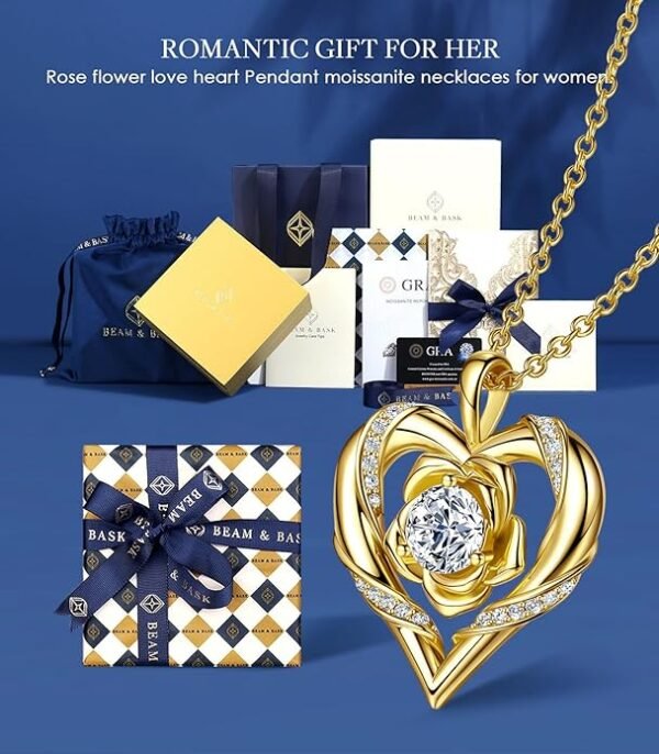71zosIVMweL._AC_SY695_ Rose Flower Heart Moissanite Necklaces for Wife, S925 Silver Pendant for Women, 18K Gold Plated Jewelry for Her Girlfriend Mom for Anniversary Birthday