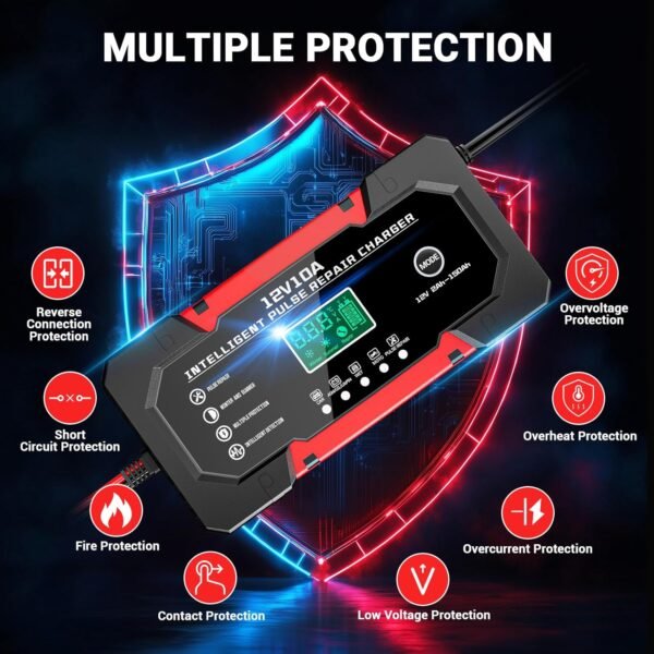 Battery Charger 10A 12V Fully Automatic Smart Car Battery Charger with LCD Display & Temperature Compensation for Car Motorcycle Vans