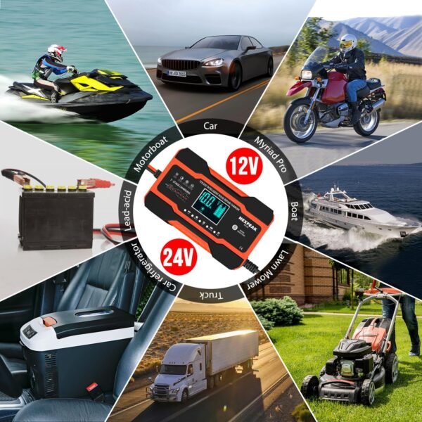 NC201 10-Amp Battery Charger, Smart Trickle Charger 12V 24V Car Battery Charger Fully Automatic Maintainer Desulfator w/Temp Compensation for Car Truck Lawn Mower Boat Marine Batteries
