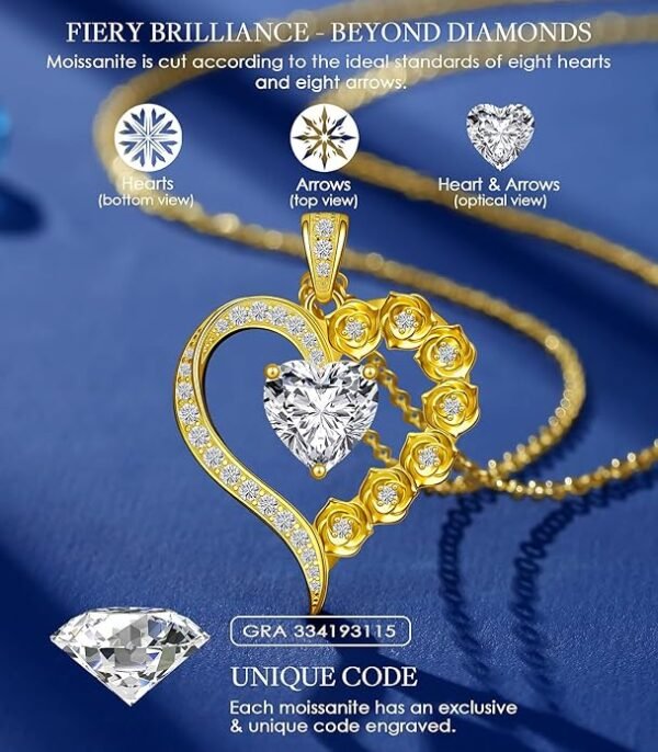 2-3 Carat Moissanite Rose Flower Heart Necklace for Her, Sterling Silver Plated with 18K Gold, Birthday, Wedding, Anniversary Pendant Jewelry for Girlfriend, Wife, Bride, Soulmate