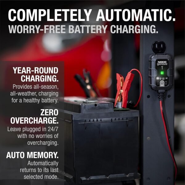 GENIUS1: 1A 6V/12V Smart Battery Charger – Automatic Maintainer, Trickle Charger & Desulfator with Overcharge Protection & Temperature Compensation – for Lead-Acid & Lithium Batteries