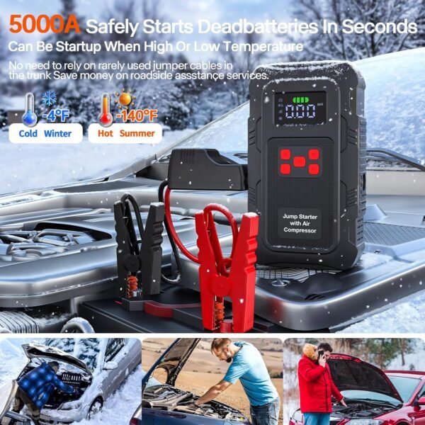 5000A Jump Starter with Air Compressor,A1 Car Jumper Starter with 150PSI Tire Inflator 12V Jump Box with LCD Display,Flashlight,Storage Case (Up 10L Gas/8L Diesel Engine