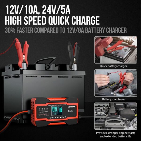 NC201 10-Amp Battery Charger, Smart Trickle Charger 12V 24V Car Battery Charger Fully Automatic Maintainer Desulfator w/Temp Compensation for Car Truck Lawn Mower Boat Marine Batteries