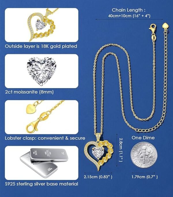 2-3 Carat Moissanite Rose Flower Heart Necklace for Her, Sterling Silver Plated with 18K Gold, Birthday, Wedding, Anniversary Pendant Jewelry for Girlfriend, Wife, Bride, Soulmate