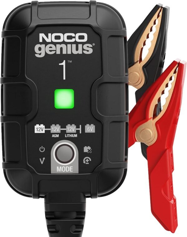 GENIUS1: 1A 6V/12V Smart Battery Charger – Automatic Maintainer, Trickle Charger & Desulfator with Overcharge Protection & Temperature Compensation – for Lead-Acid & Lithium Batteries