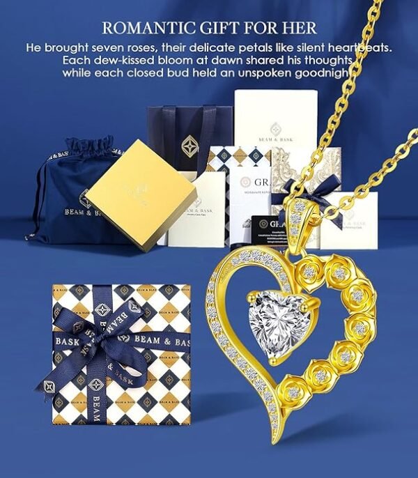 2-3 Carat Moissanite Rose Flower Heart Necklace for Her, Sterling Silver Plated with 18K Gold, Birthday, Wedding, Anniversary Pendant Jewelry for Girlfriend, Wife, Bride, Soulmate