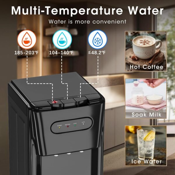 Bottom Loading Water Cooler Dispenser for 3 or 5 Gallon Bottles - Water Dispenser with Hot, Room & Cold Spouts, LED Display with Empty Bottle Alert, Child Safety Lock, Raven Black